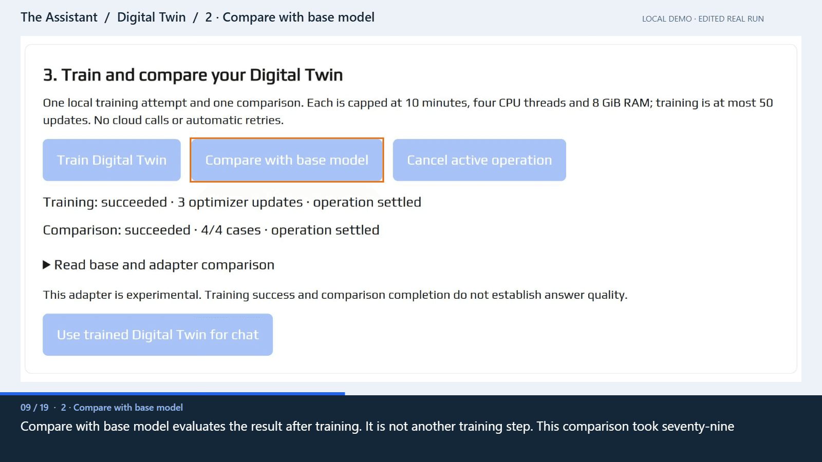 Walkthrough frame highlighting Compare with base model and displaying both models scoring zero of four exact matches.